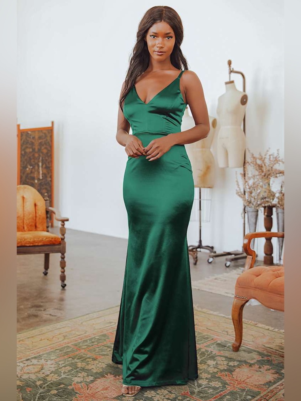Lulu's Emerald Green Satin V-Neck Maxi Dress, XS